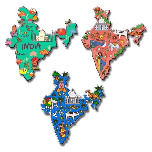 GiftShala Wooden Indian Illustration Map Fridge Magnet | Size 3*3 inch | Set of 3