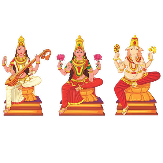 GiftShala Wooden Laxmi Ganesh Saraswati Religious Fridge Magnet | Size 3*3 inch | Set of 3