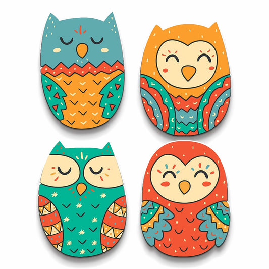 GiftShala Wooden Cute Owl Design Fridge Magnet | Size 3*3 inch | Set of 4