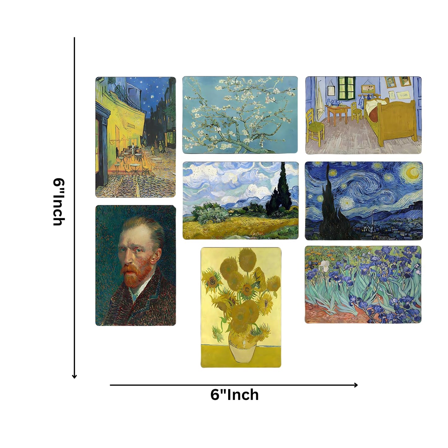 GiftShala Wooden Paintings of Vincent Van Gogh Art Designs Fridge Magnet | Size 3*3 inch | Set of 8