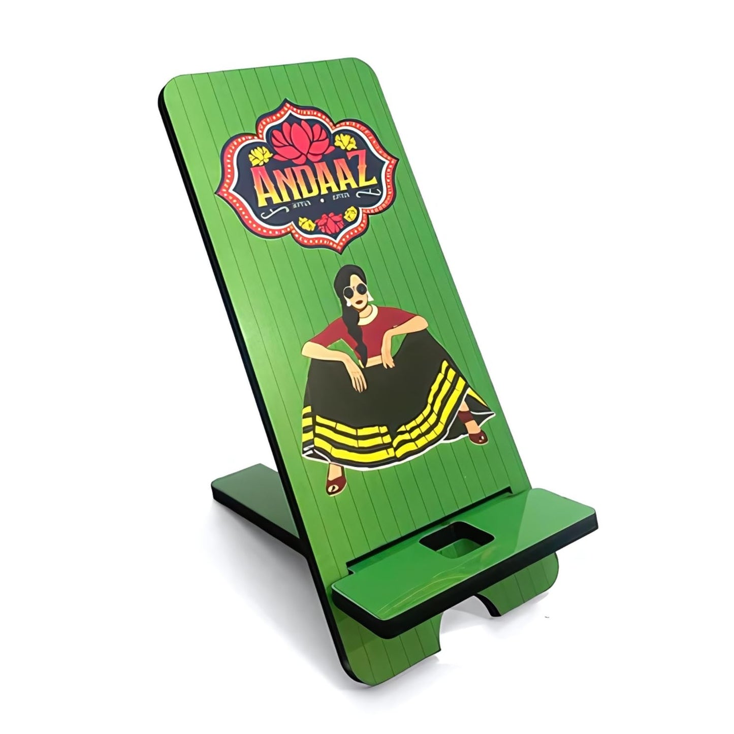 GiftShala Andaaz Apna Apna Printed Design Wooden Table Mount Mobile Stand | Size 7*3*4 inch