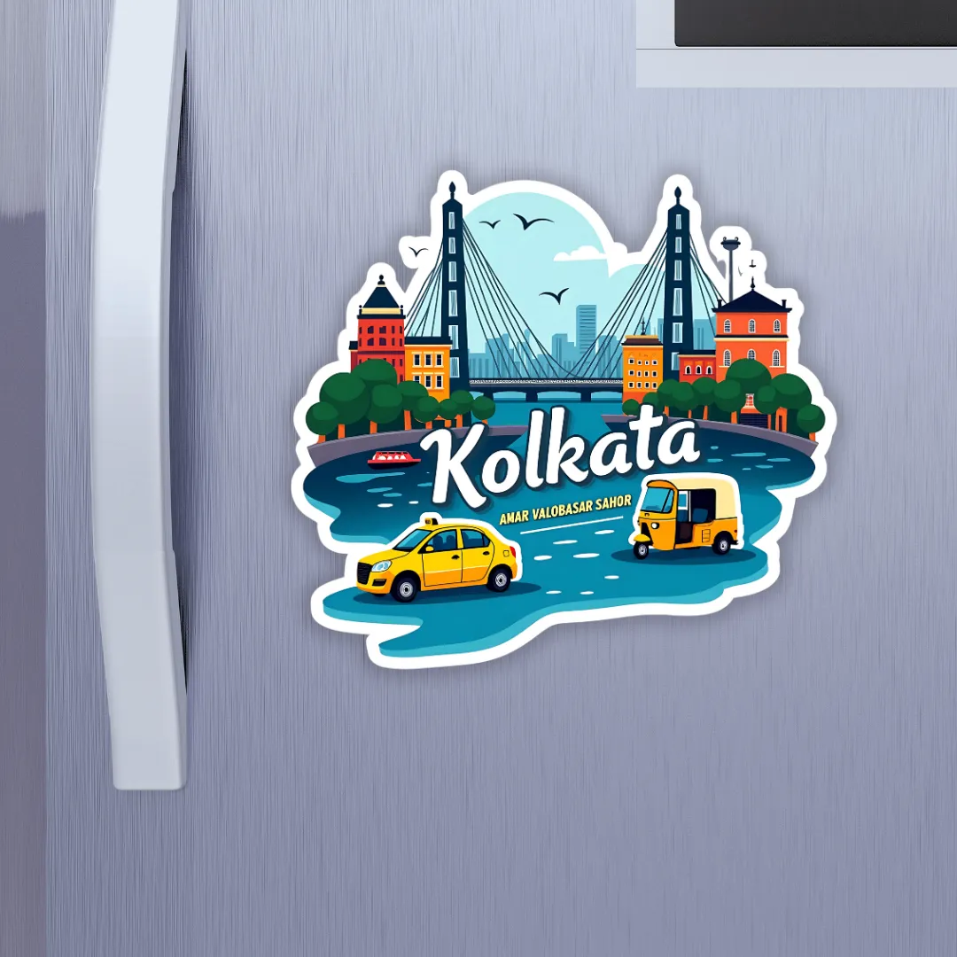 Kolkata City Theme Souvenir Wooden Refrigerator Stylish Fridge Magnet Hover