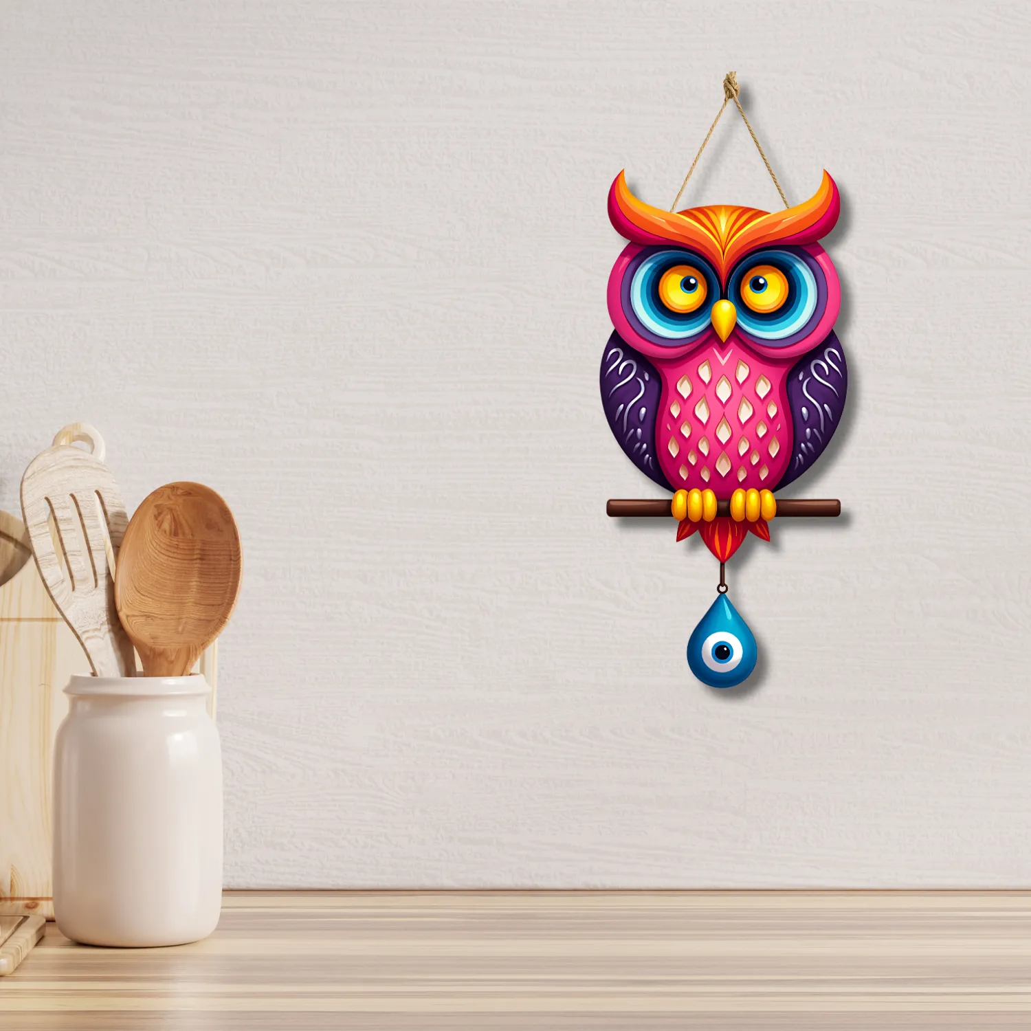 Owl Shape Wooden Wall Hanging For Home & Kitchen, Living Room Decor Hover